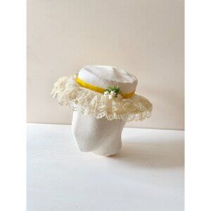 Vintage Ivory Straw Faux Floral Yellow Velvet Bow Lace Ruffle Trim Boater Hat
